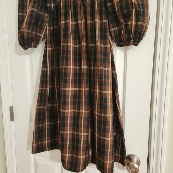 J Crew Smocked Puff-Sleeve  Midi Dress in Brown Friday Plaid, Small - Picture 5 of 11